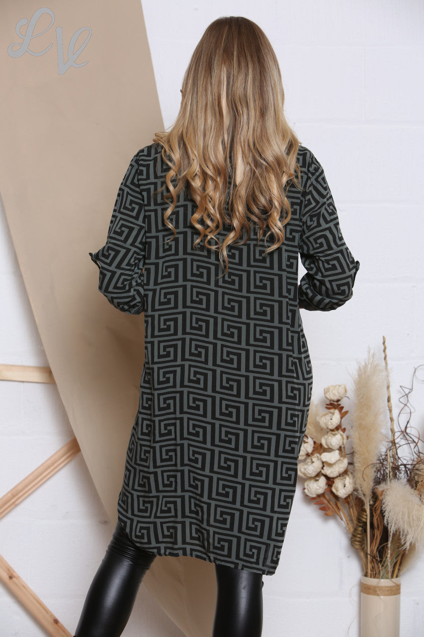 Ladies Geometric Print Longline Shirt Khaki Unit Price £10.99