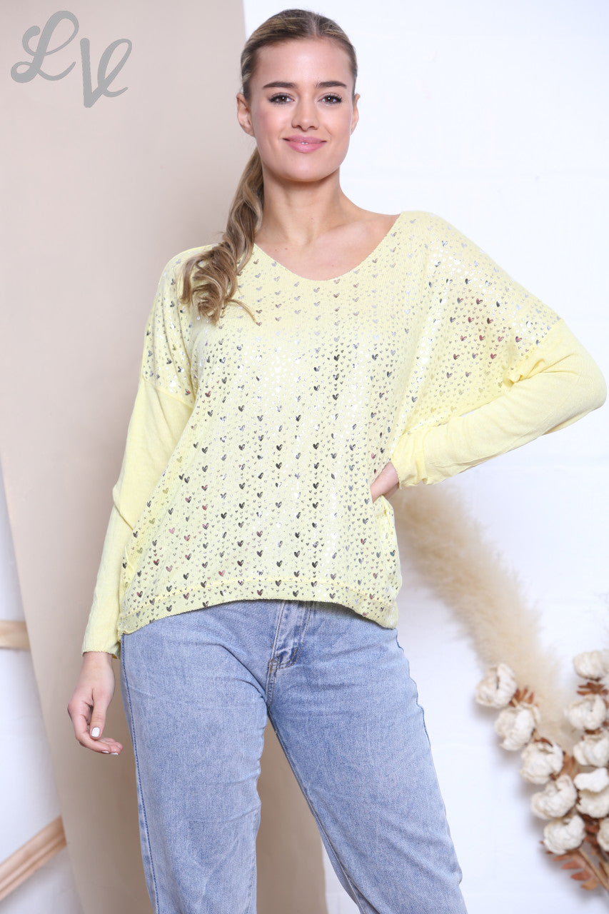 Ladies Ditsy Heart Fine Knit Jumper Top Lemon
