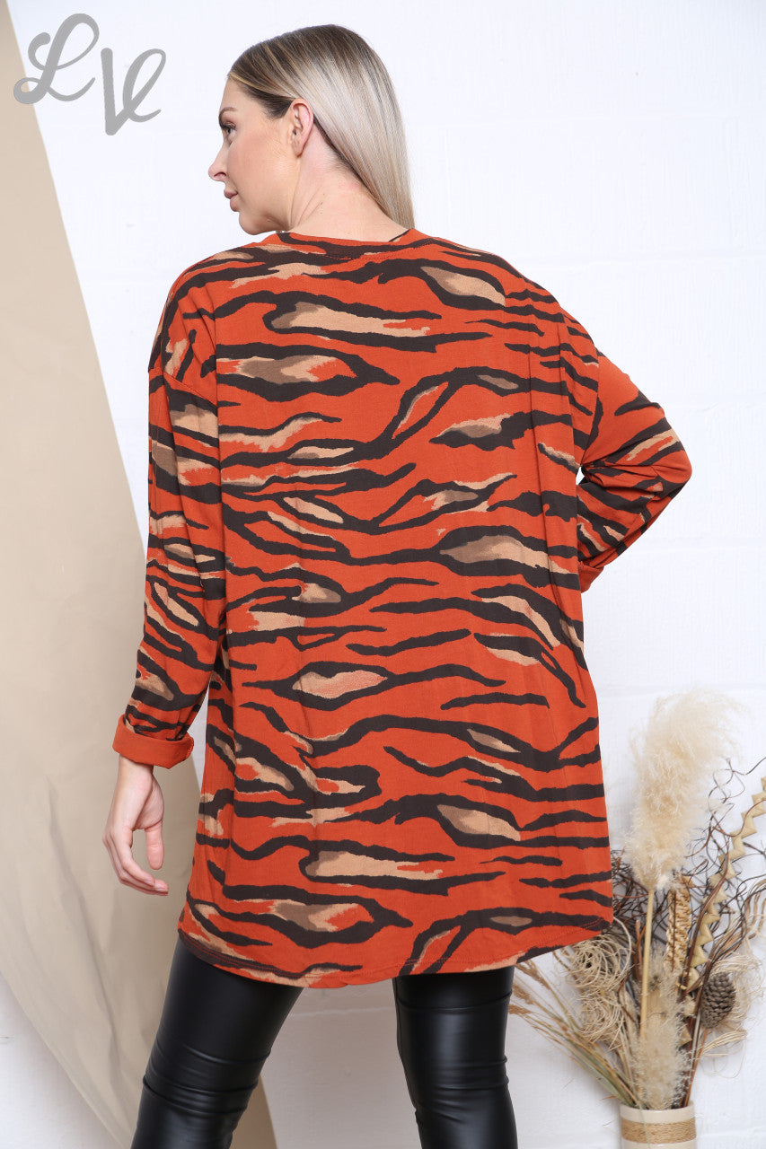 Dames top met tijgerprint roestkleurig Prijs per stuk € 6,99