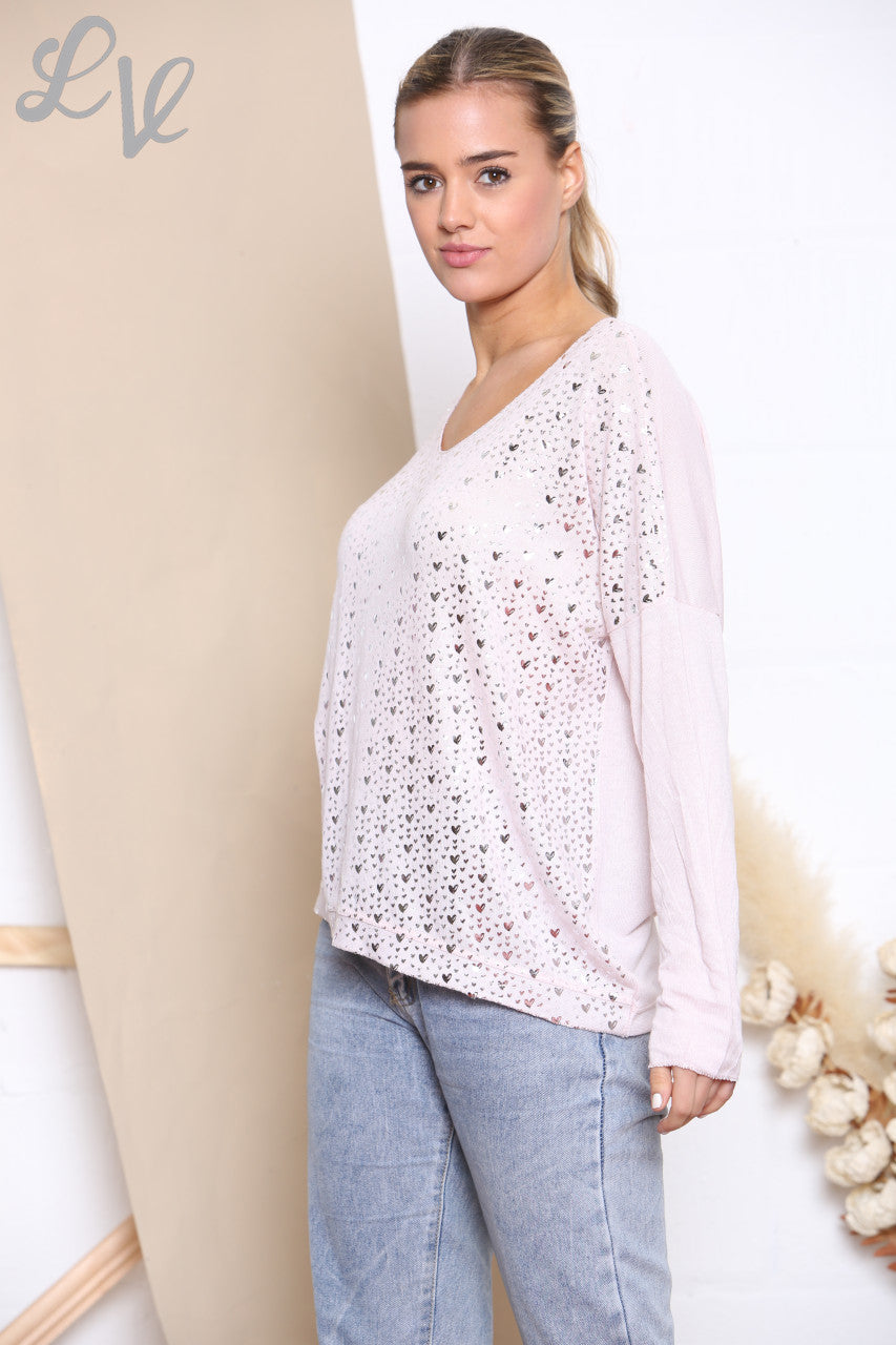 Ladies Ditsy Heart Fine Knit Jumper Top Dusty Pink