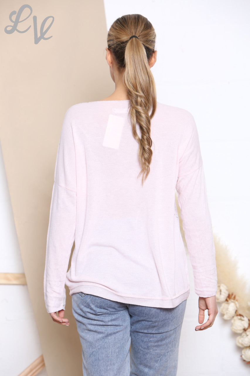 Ladies Ditsy Heart Fine Knit Jumper Top Dusty Pink