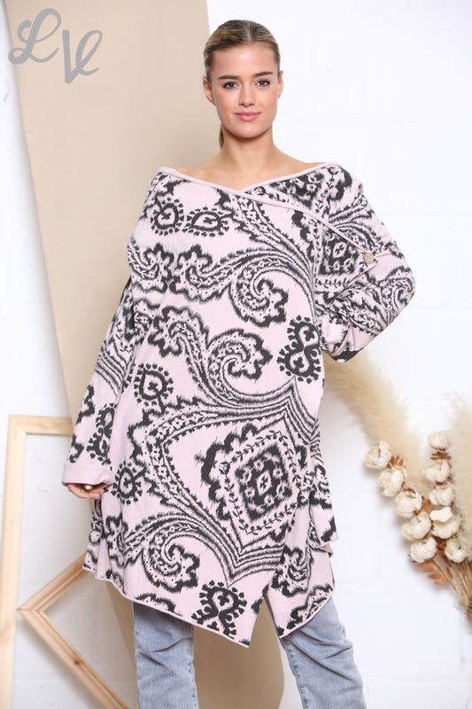 Damesjack met paisleyprint, overslag en knoopsluiting, stoffig roze