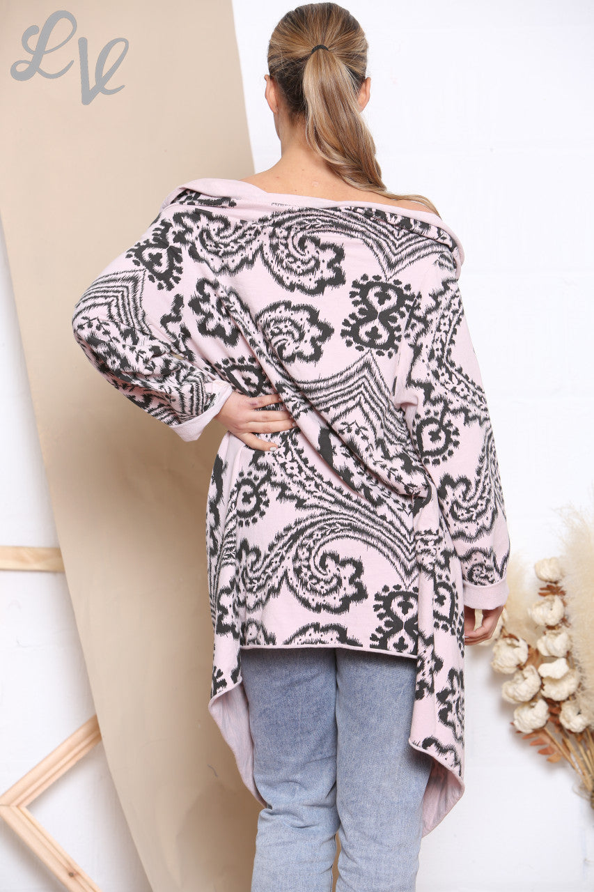 Ladies Paisley Print Wrap & Button Front Jacket Top Dusty Pink