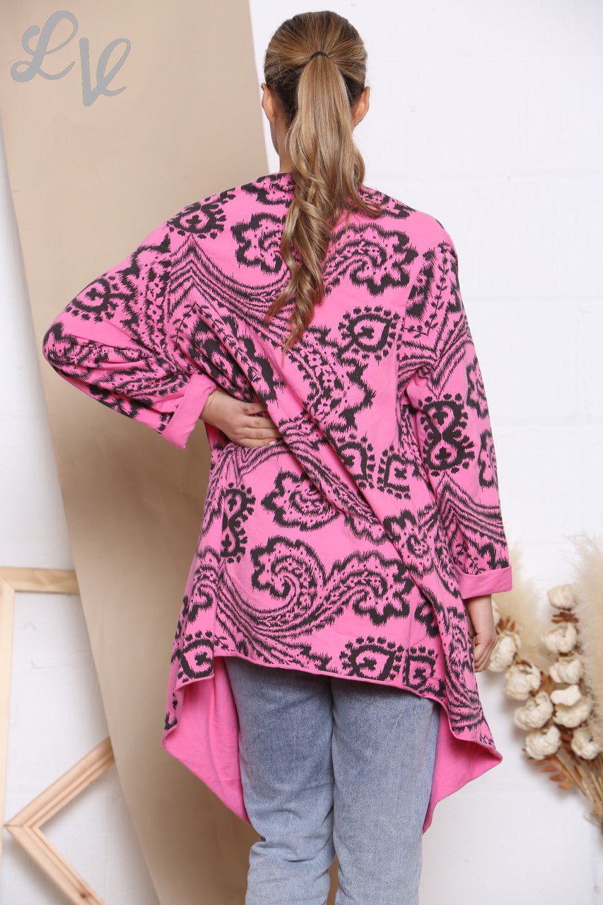 Ladies Paisley Print Wrap & Button Front Jacket Top Cerise