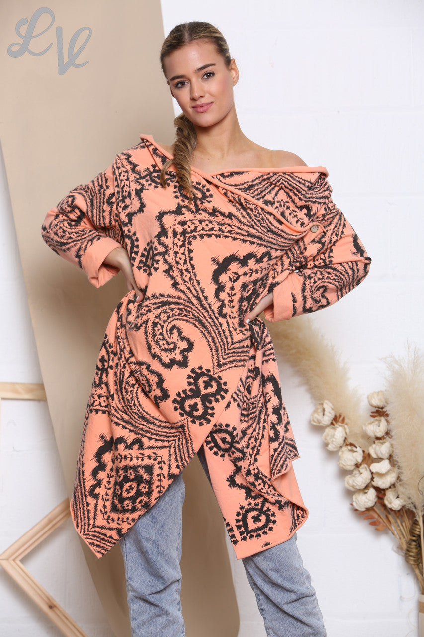 Dames Paisley Print Overslag & Jasje met Knoopsluiting Koraal