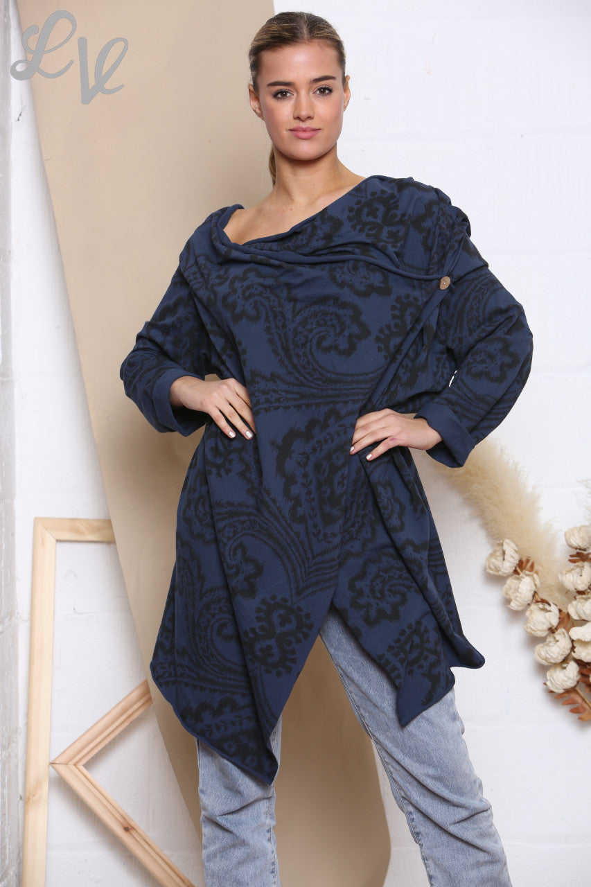 Ladies Paisley Print Wrap & Button Front Jacket Top Navy