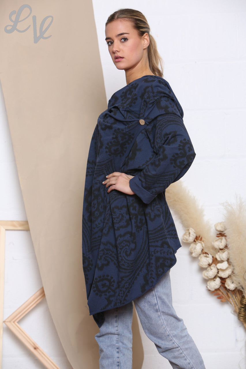 Ladies Paisley Print Wrap & Button Front Jacket Top Navy
