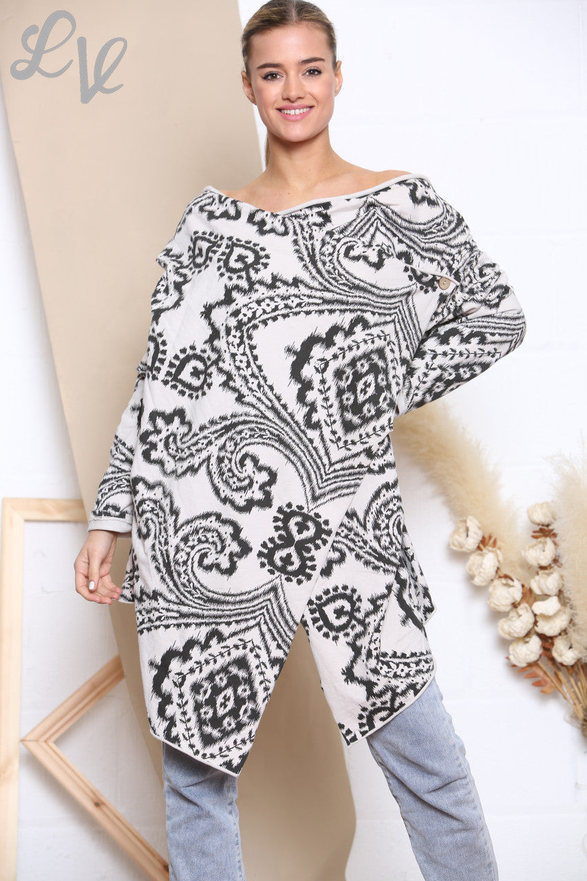 Ladies Paisley Print Wrap & Button Front Jacket Top Stone