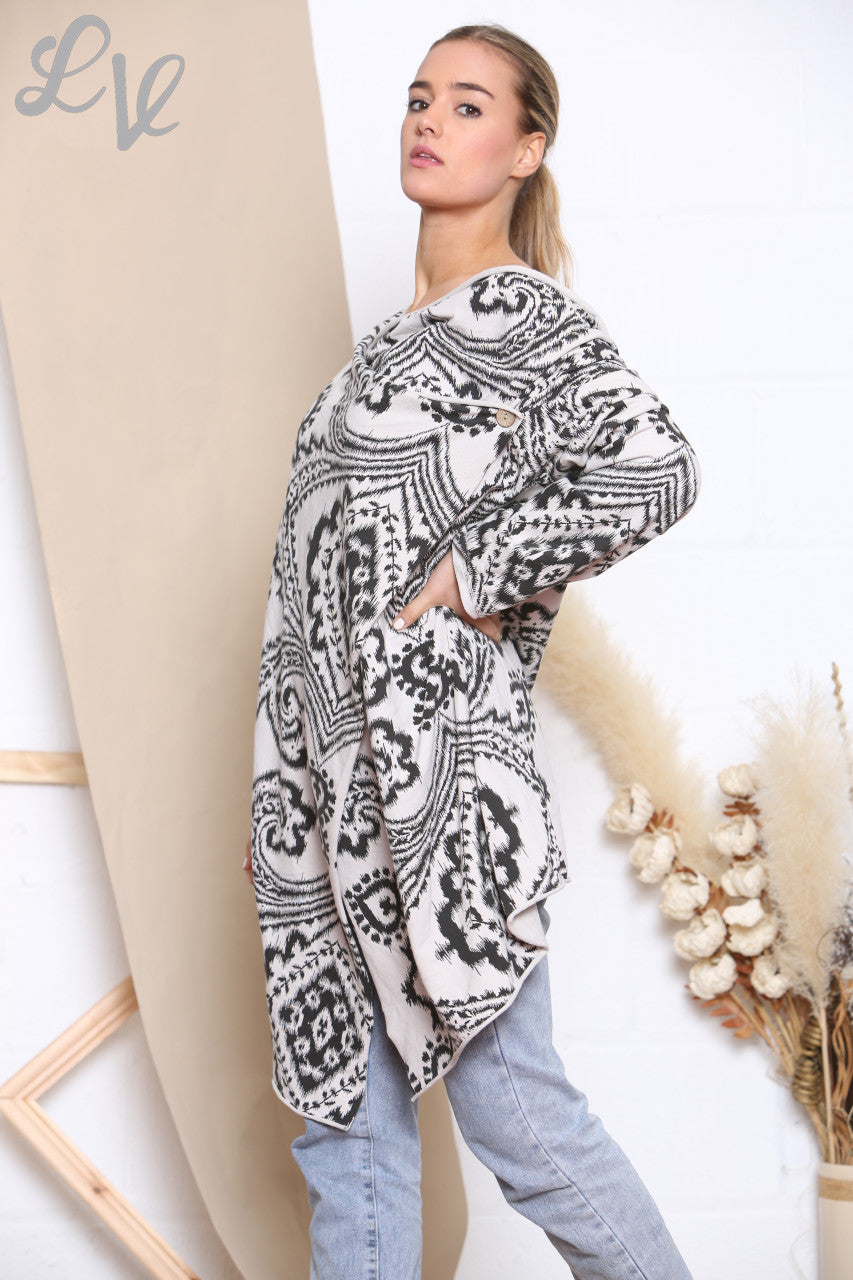 Ladies Paisley Print Wrap & Button Front Jacket Top Stone