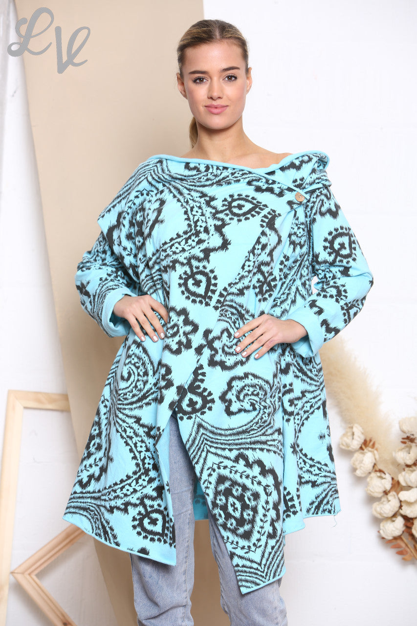 Ladies Paisley Print Wrap & Button Front Jacket Top Turquoise
