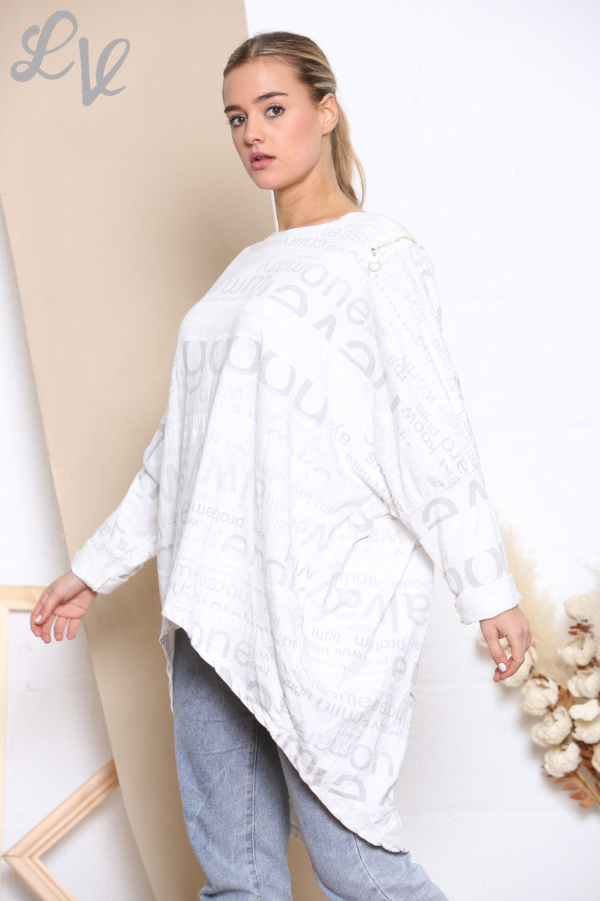 Ladies Words Print Sweatshirt Top White