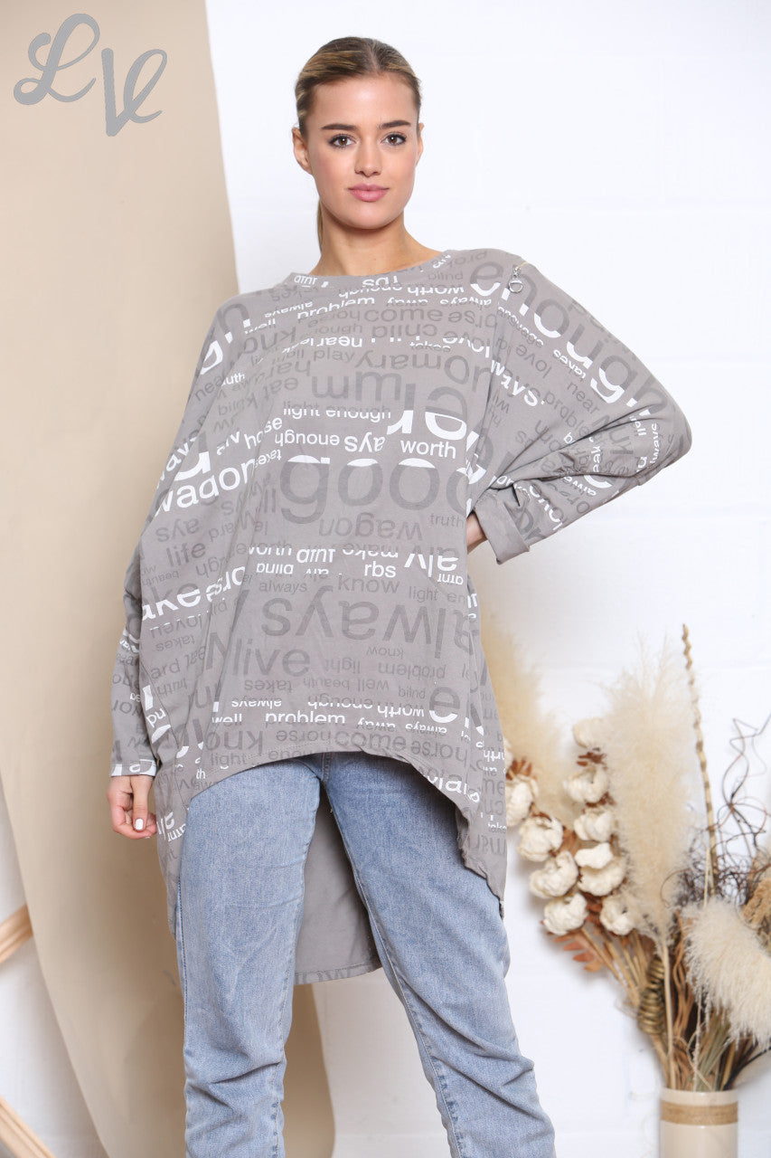 Ladies Words Print Sweatshirt Top Taupe