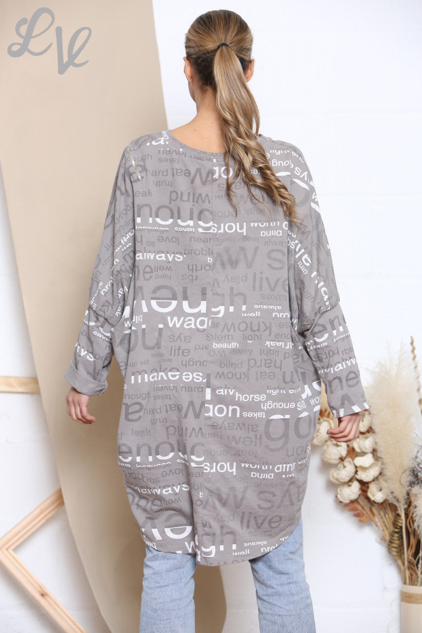 Ladies Words Print Sweatshirt Top Taupe