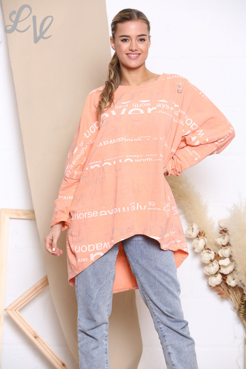 Ladies Words Print Sweatshirt Top Coral