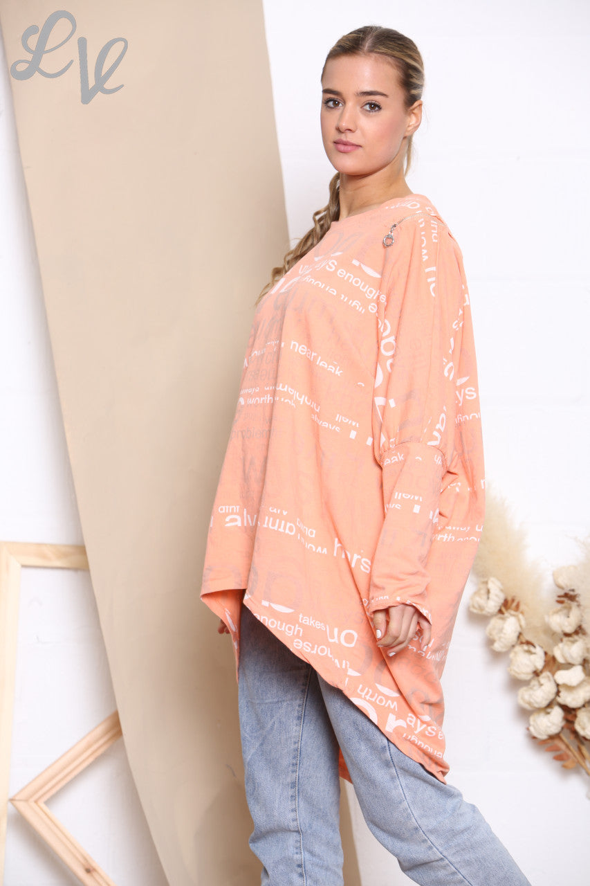 Ladies Words Print Sweatshirt Top Coral