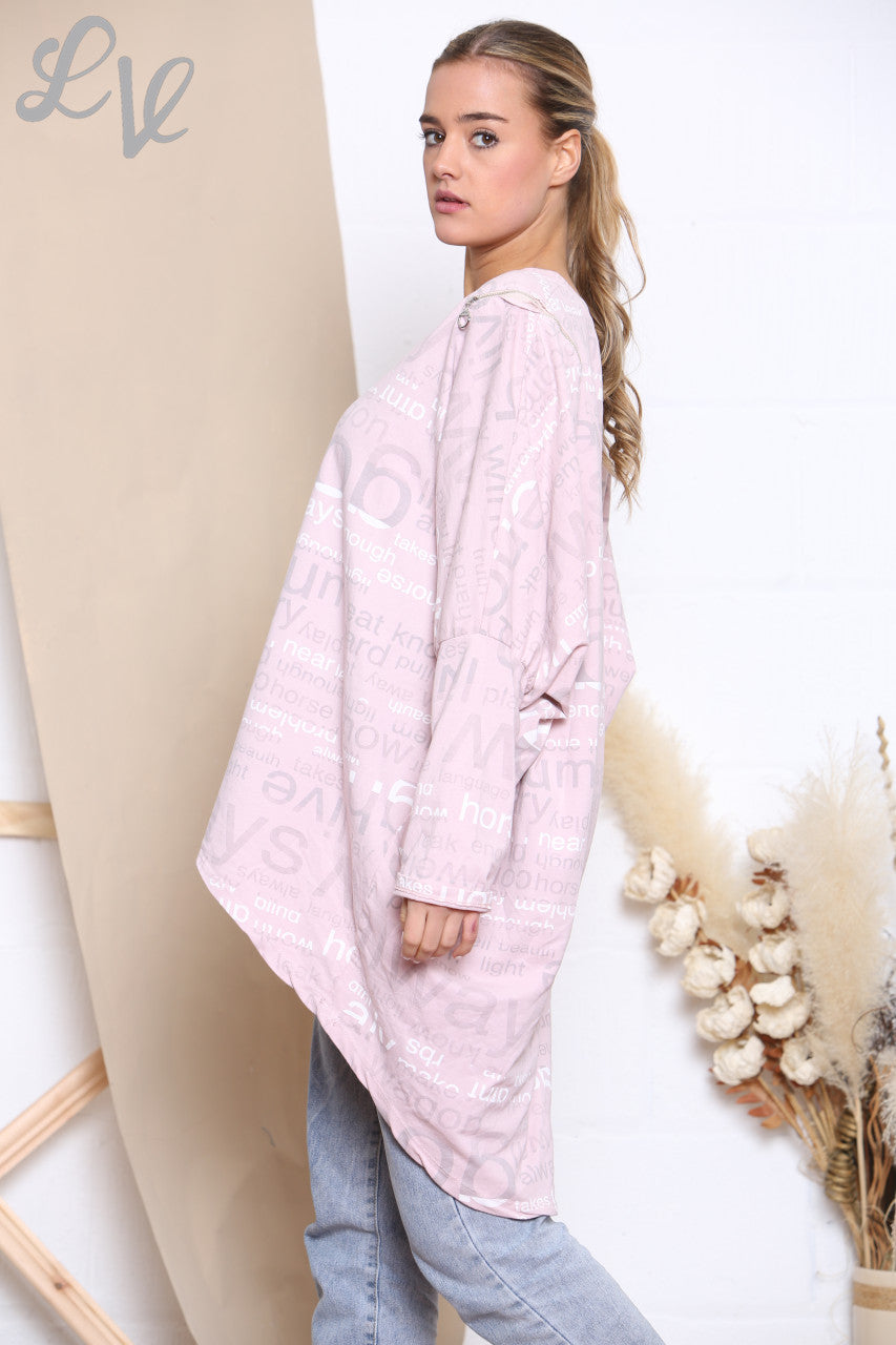 Ladies Words Print Sweatshirt Top Dusty Pink