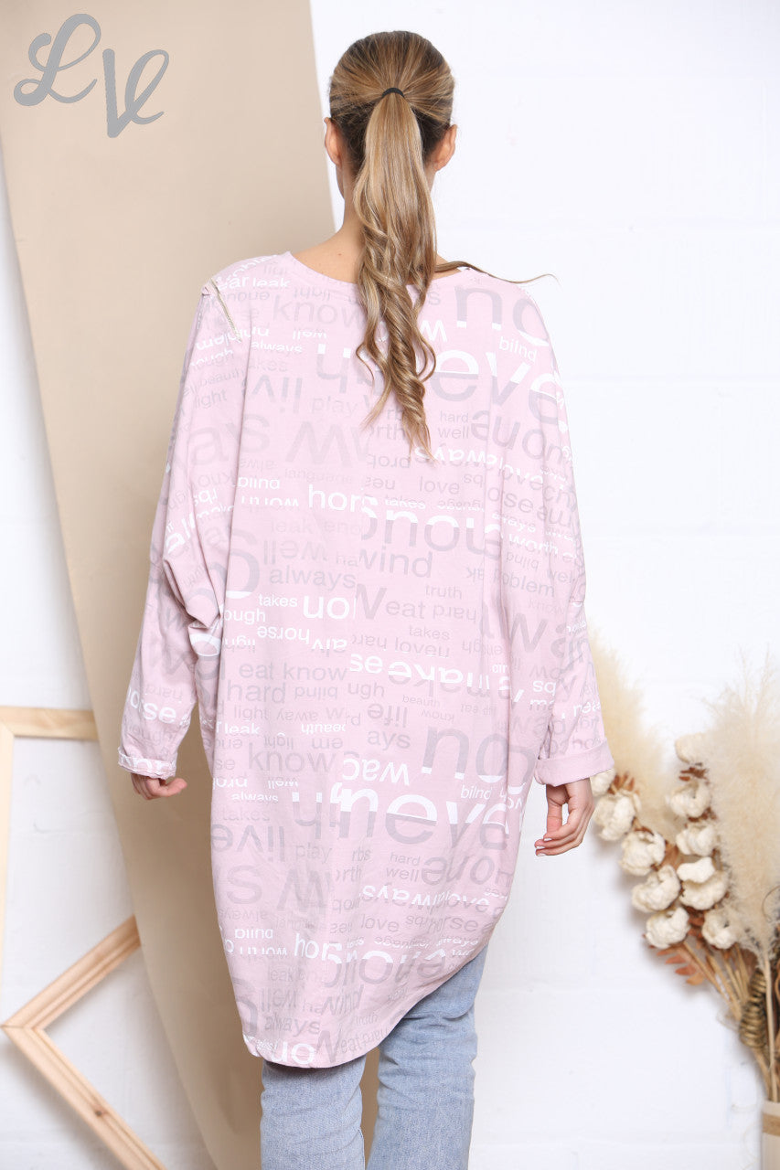Ladies Words Print Sweatshirt Top Dusty Pink