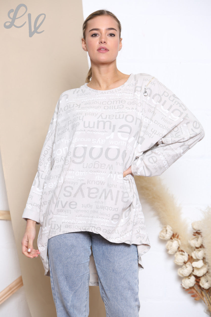 Ladies Words Print Sweatshirt Top Stone
