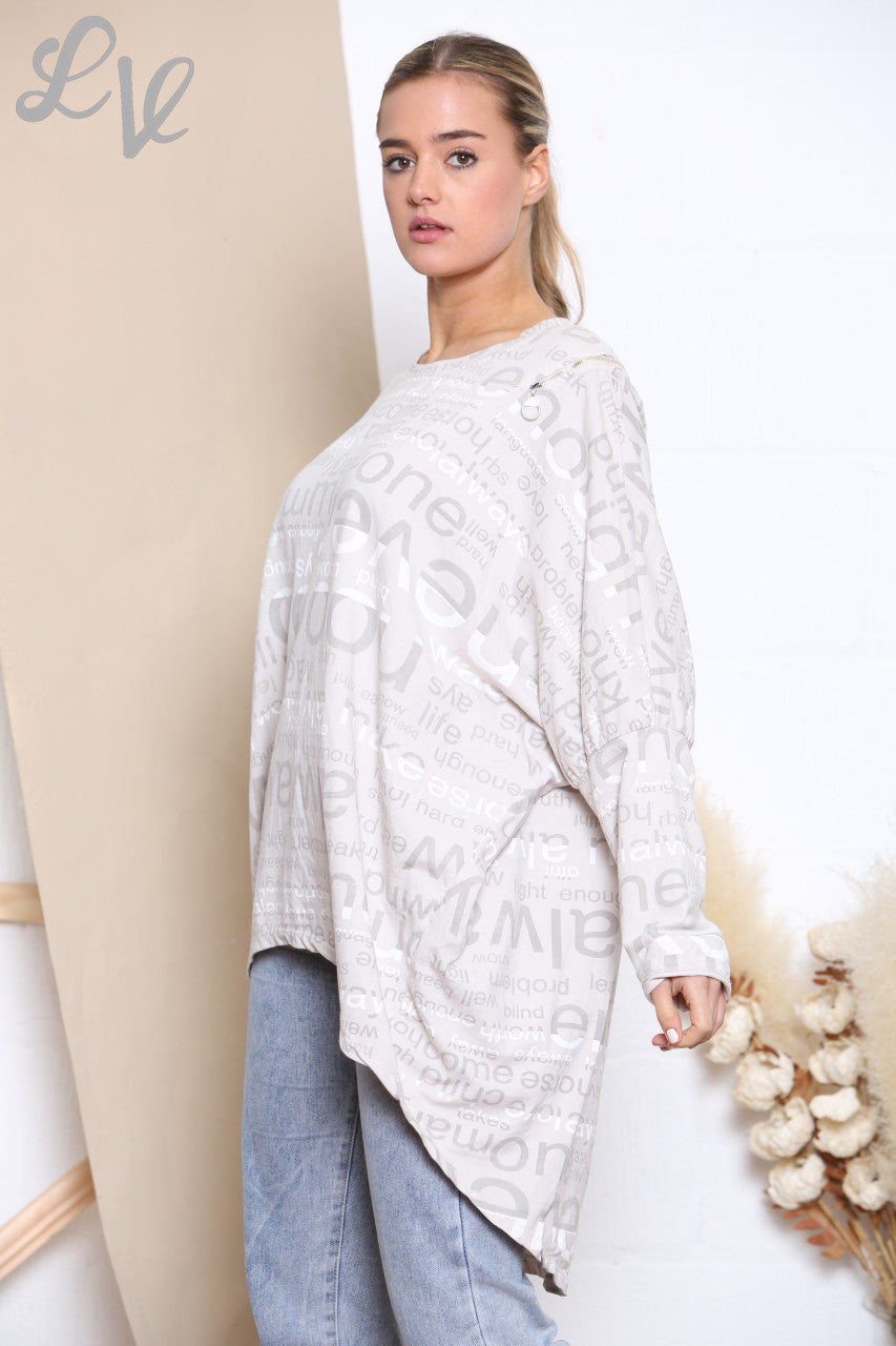 Ladies Words Print Sweatshirt Top Stone