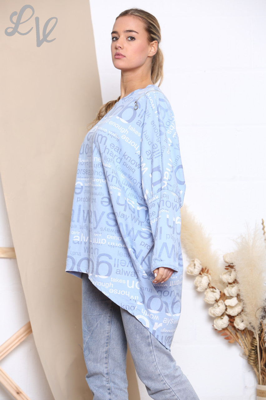 Dames Woorden Print Sweatshirt Top Hemelsblauw