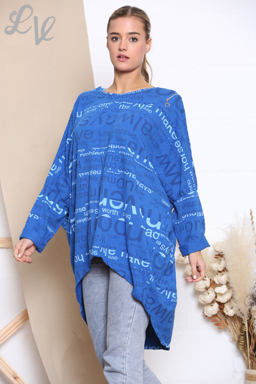 Dames Words Print Sweatshirt Top Koningsblauw