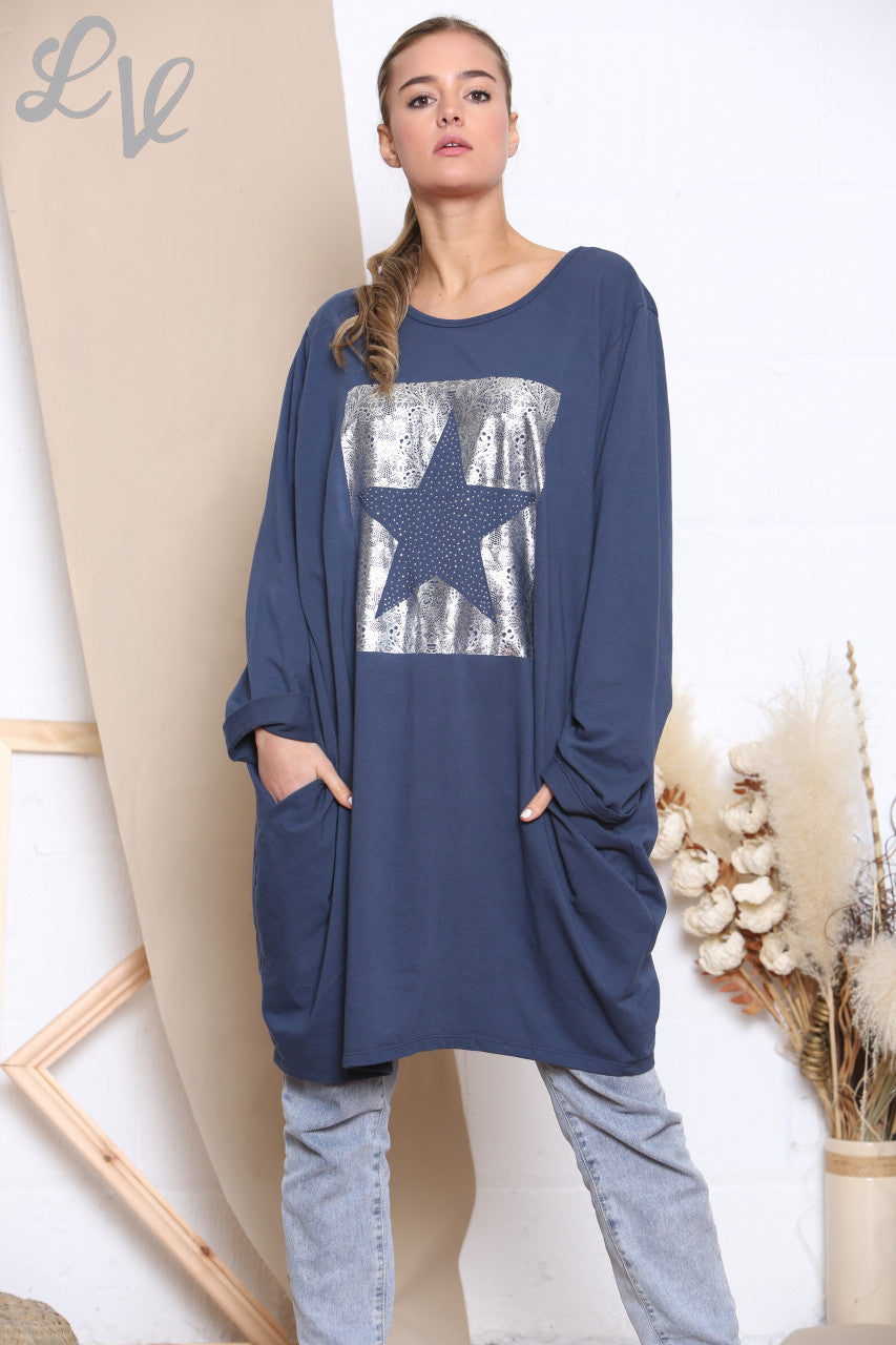 Dames Square Folie Sterren Sweatshirt Top Marine