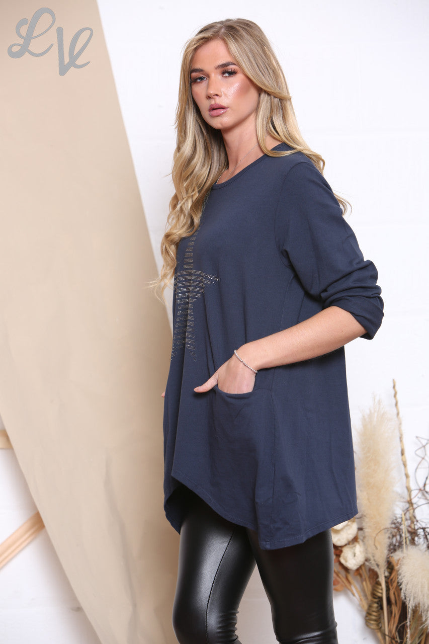 Dames Sequin Ster Top Met Zakken Marine Stukprijs € 9,99