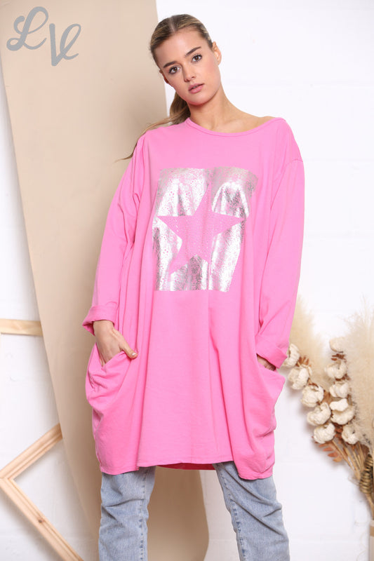 Dames sweatshirt top met vierkante foliester Cerise