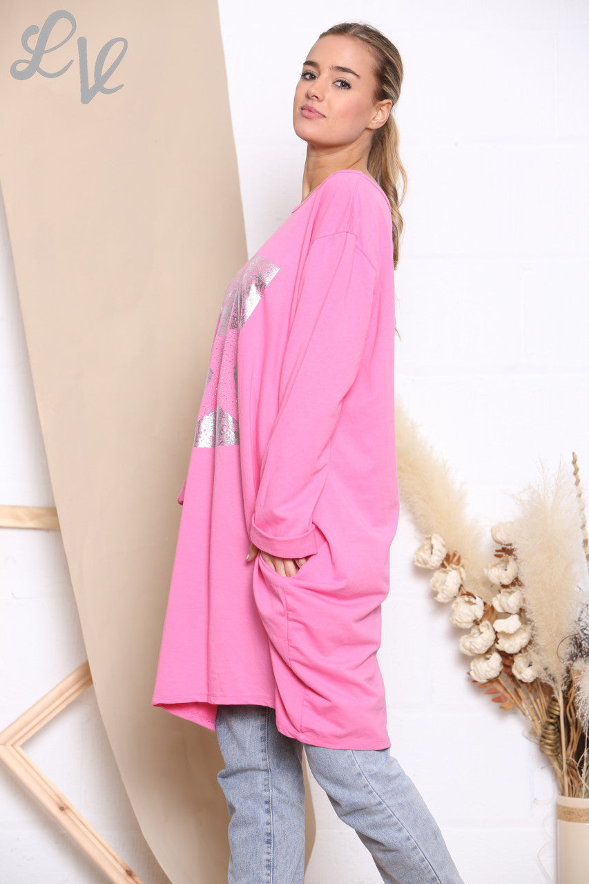 Ladies Square Foil Star Sweatshirt Top Cerise