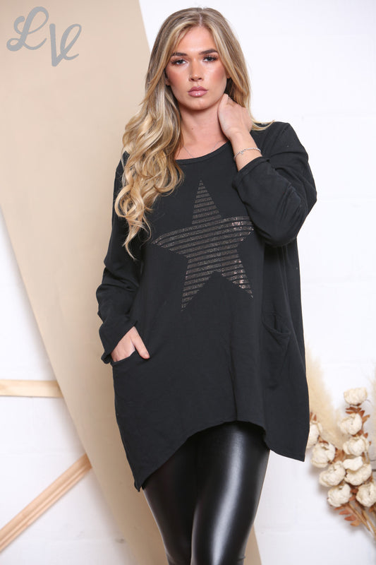 Ladies Sequin Star Top With Pockets Black Unit Price £9.99
