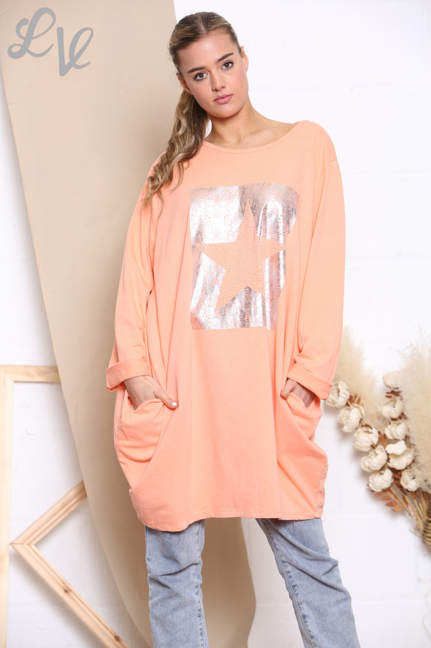 Dames Sweatshirt Top met Vierkante Folie Ster Koraal