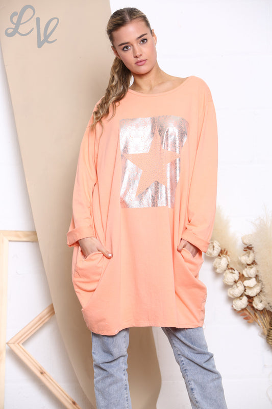 Dames Sweatshirt Top met Vierkante Folie Ster Koraal