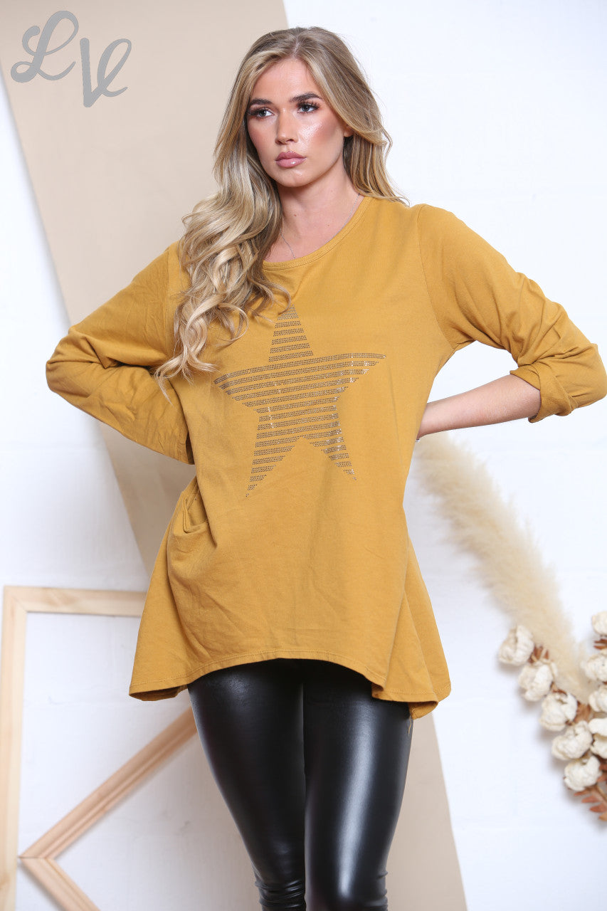 Ladies Sequin Star Top With Pockets Mustard Unit Price £9.99