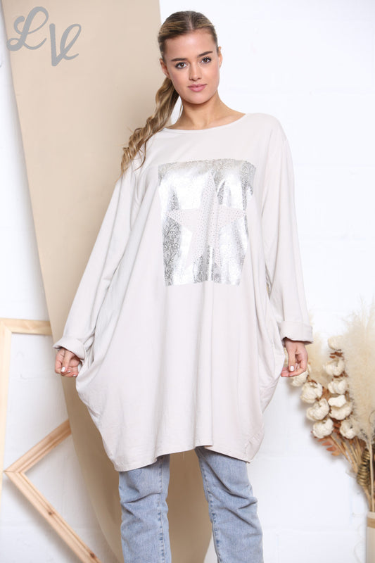 Dames Sweatshirt Top met Vierkante Folie Ster Steen