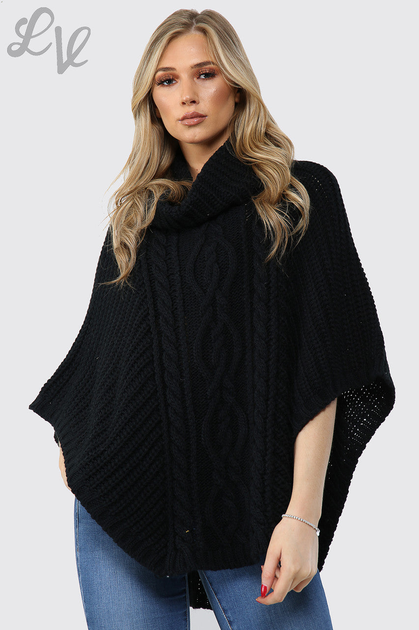 Dameskabelgebreide poncho met col zwart