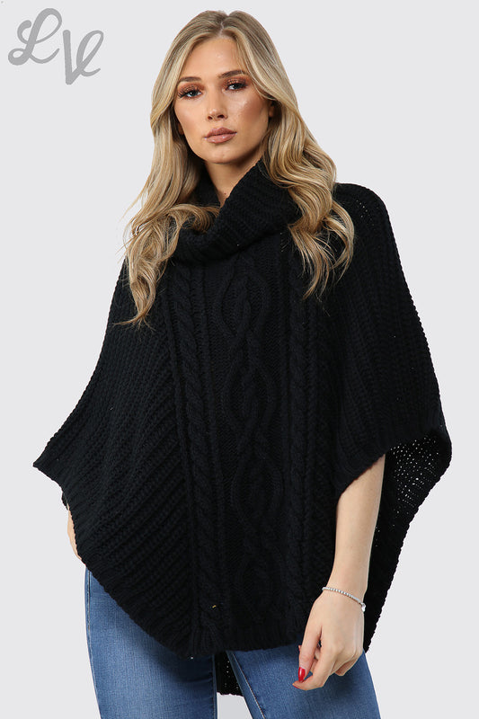 Dameskabelgebreide poncho met col zwart