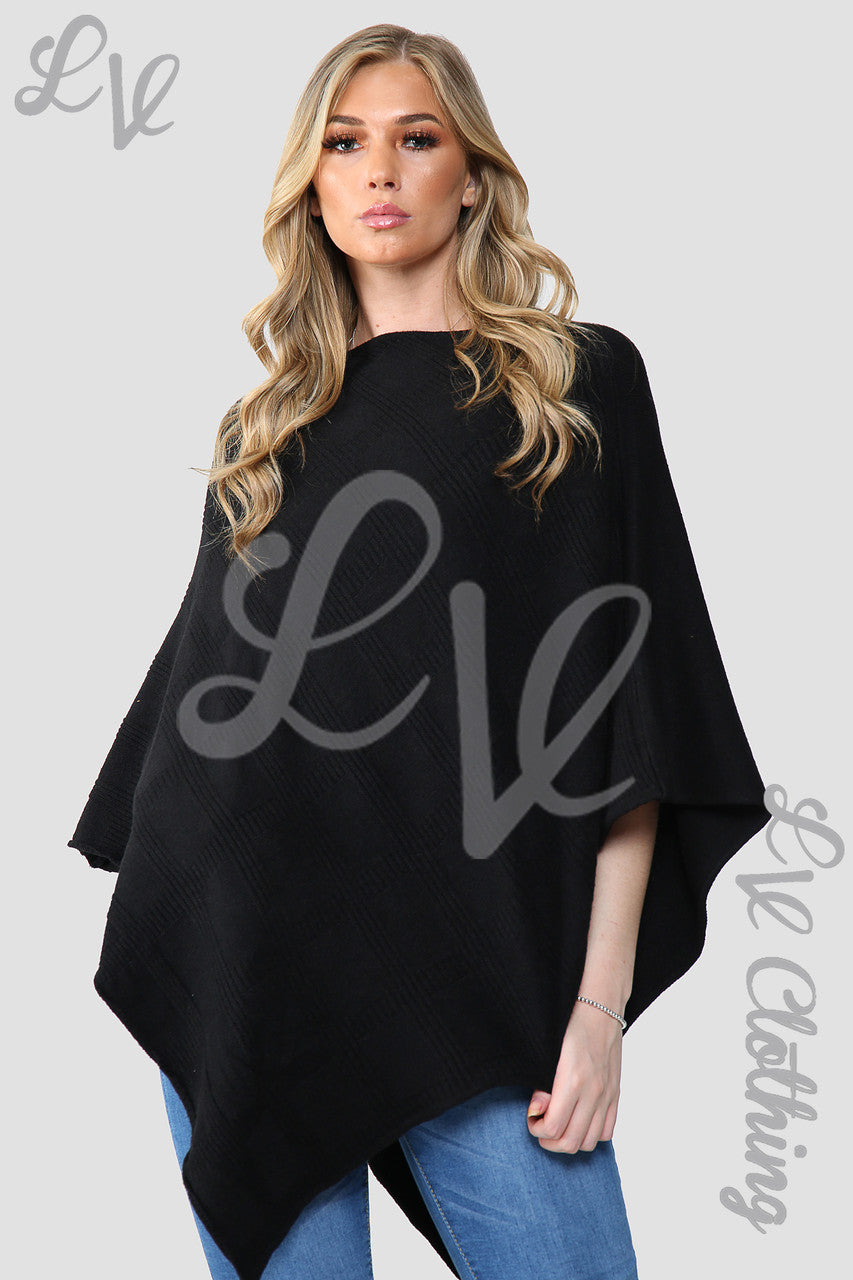 Dames Diamantmotief Gebreide Poncho Cape Zwart - Prijs per stuk € 10,99