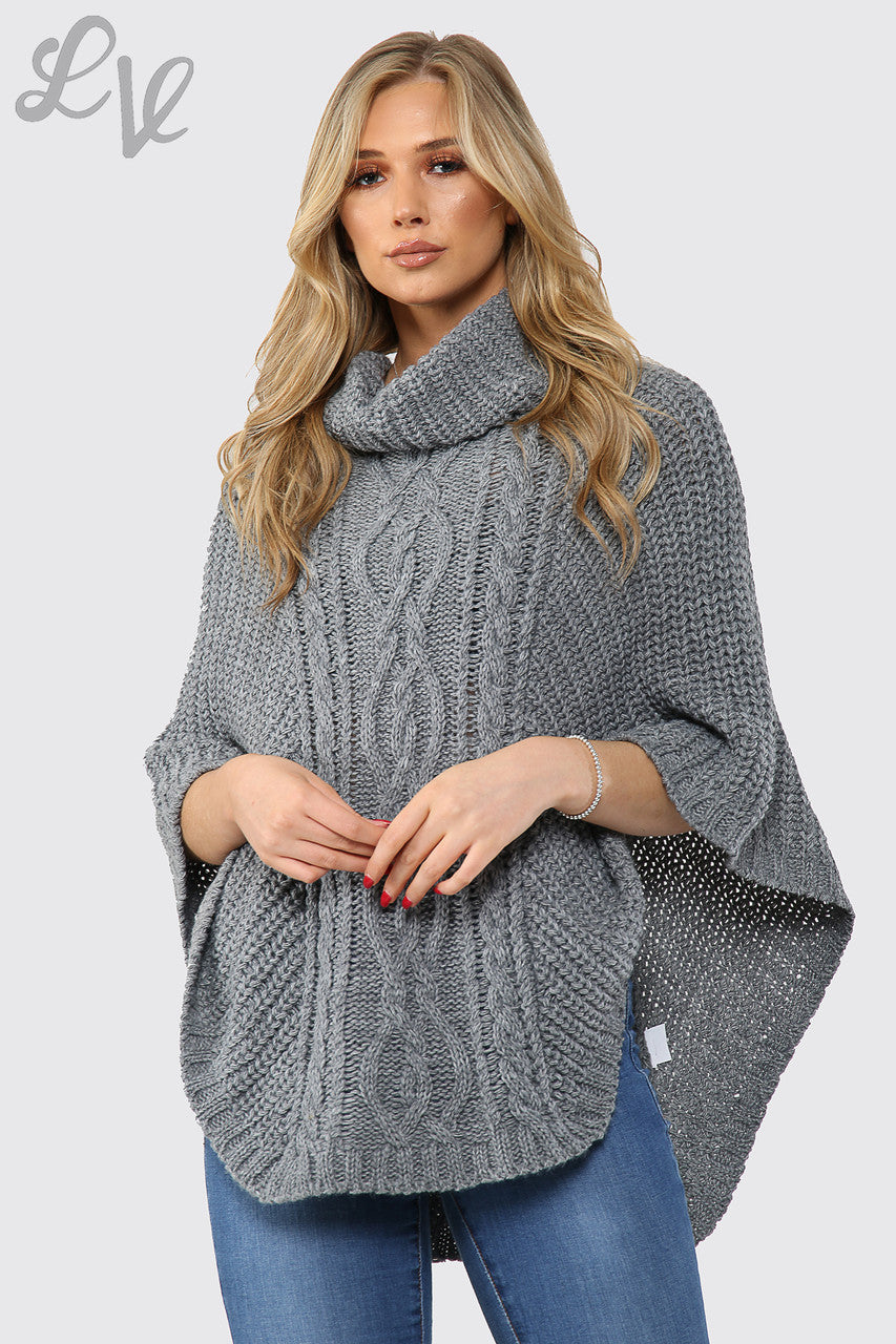 Ladies Cable Knitted Cowl Neck Poncho Charcoal