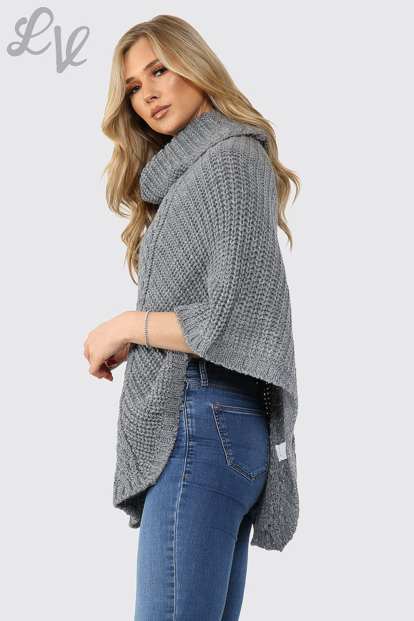 Ladies Cable Knitted Cowl Neck Poncho Charcoal