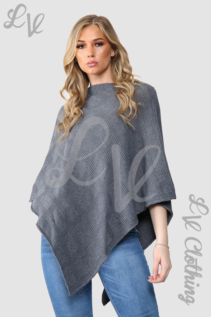 Ladies Diamond Imprint Knitted Poncho Cape Charcoal - Unit Price £10.99
