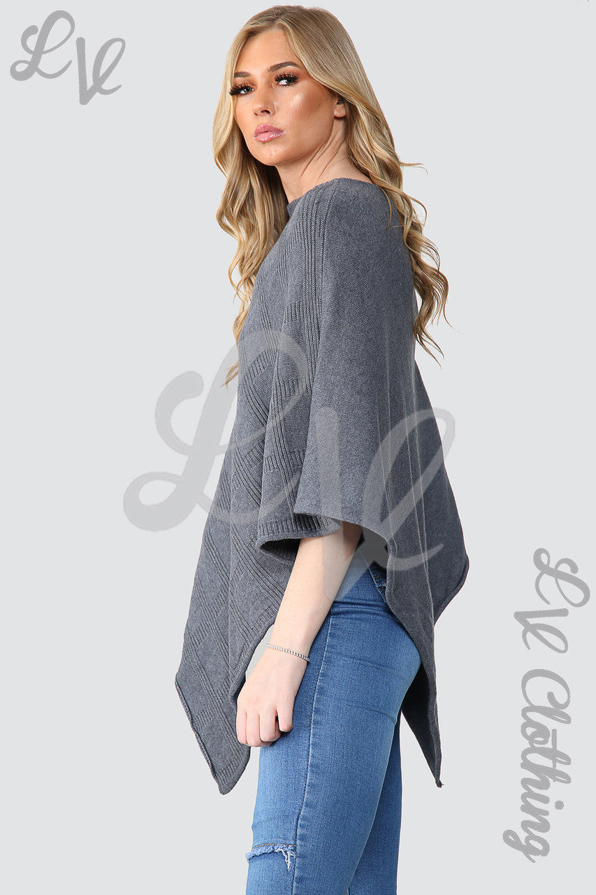Ladies Diamond Imprint Knitted Poncho Cape Charcoal - Unit Price £10.99