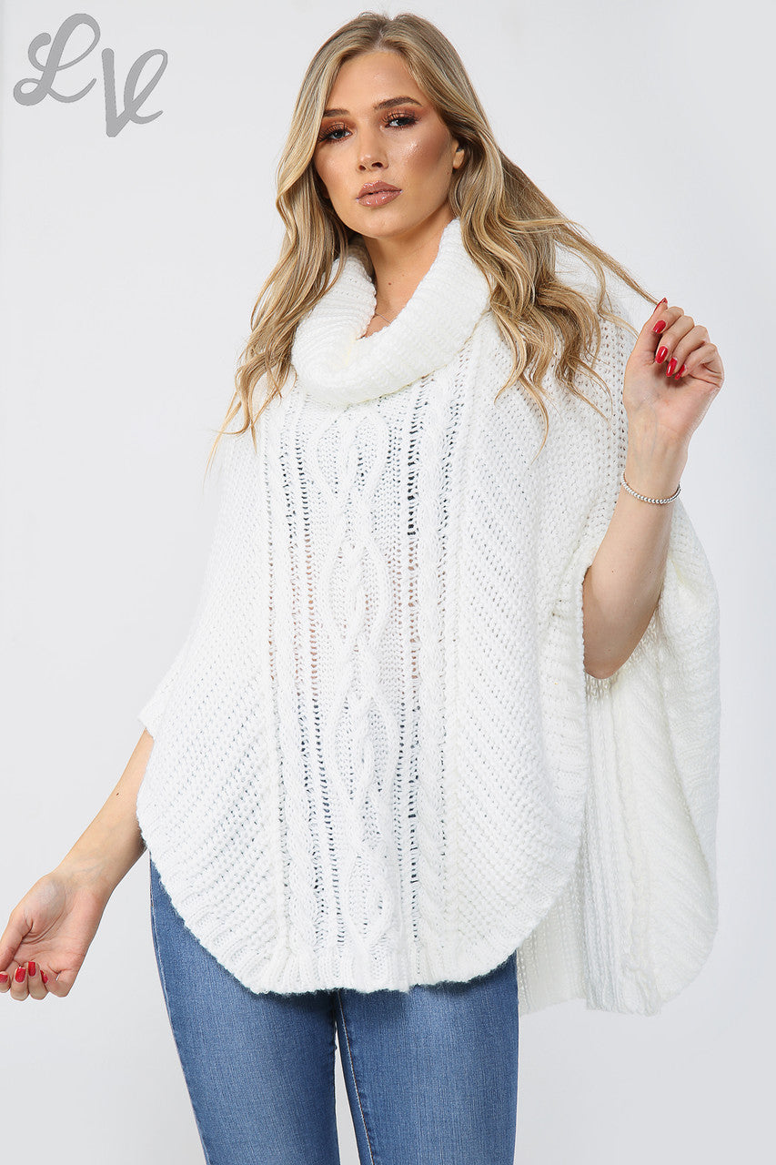 Ladies Cable Knitted Cowl Neck Poncho Cream