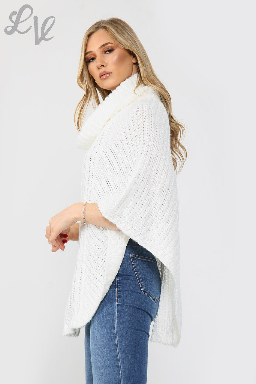 Ladies Cable Knitted Cowl Neck Poncho Cream