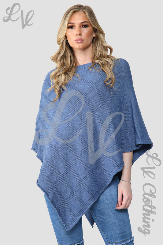 Blue diamond-imprint knitted poncho cape with draped neckline and short sleeve
