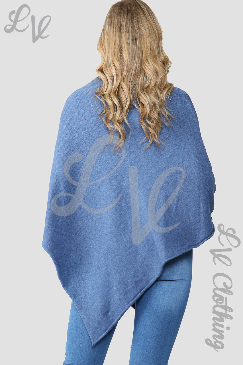 Dames Diamantmotief Gebreide Poncho Cape Denim - Stukprijs € 10,99