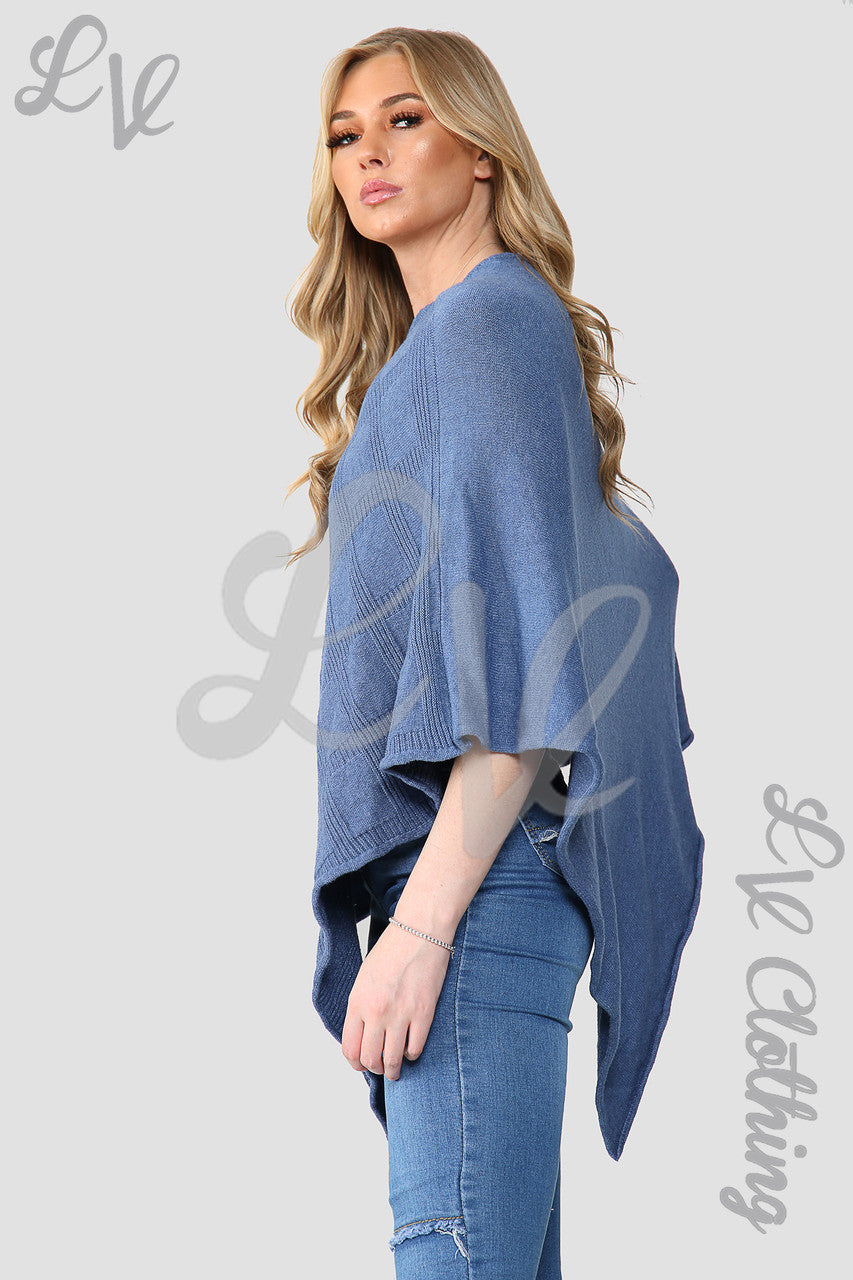 Dames Diamantmotief Gebreide Poncho Cape Denim - Stukprijs € 10,99
