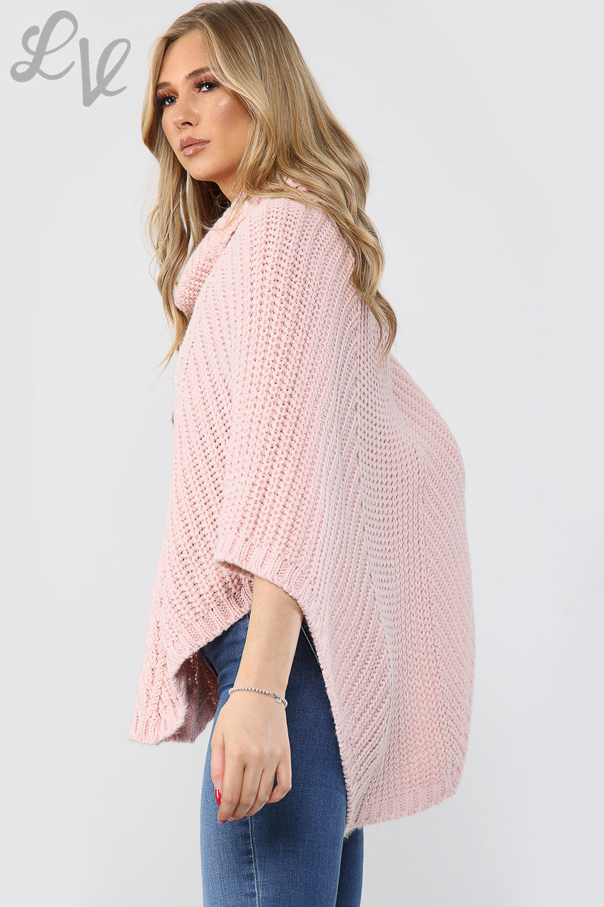 Ladies Cable Knitted Cowl Neck Poncho Dusty Pink