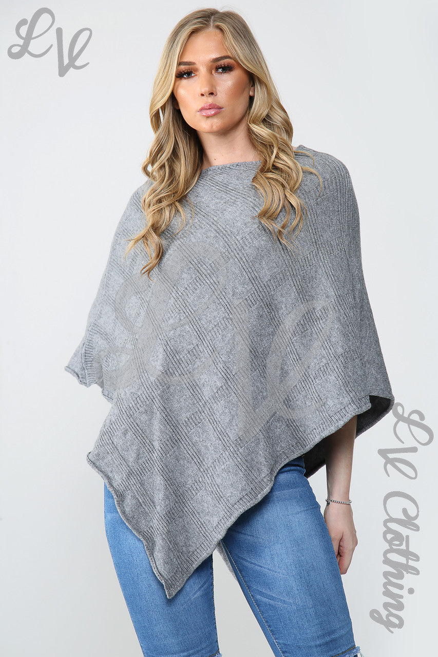 Ladies Diamond Imprint Knitted Poncho Cape Grey - Unit Price £10.99
