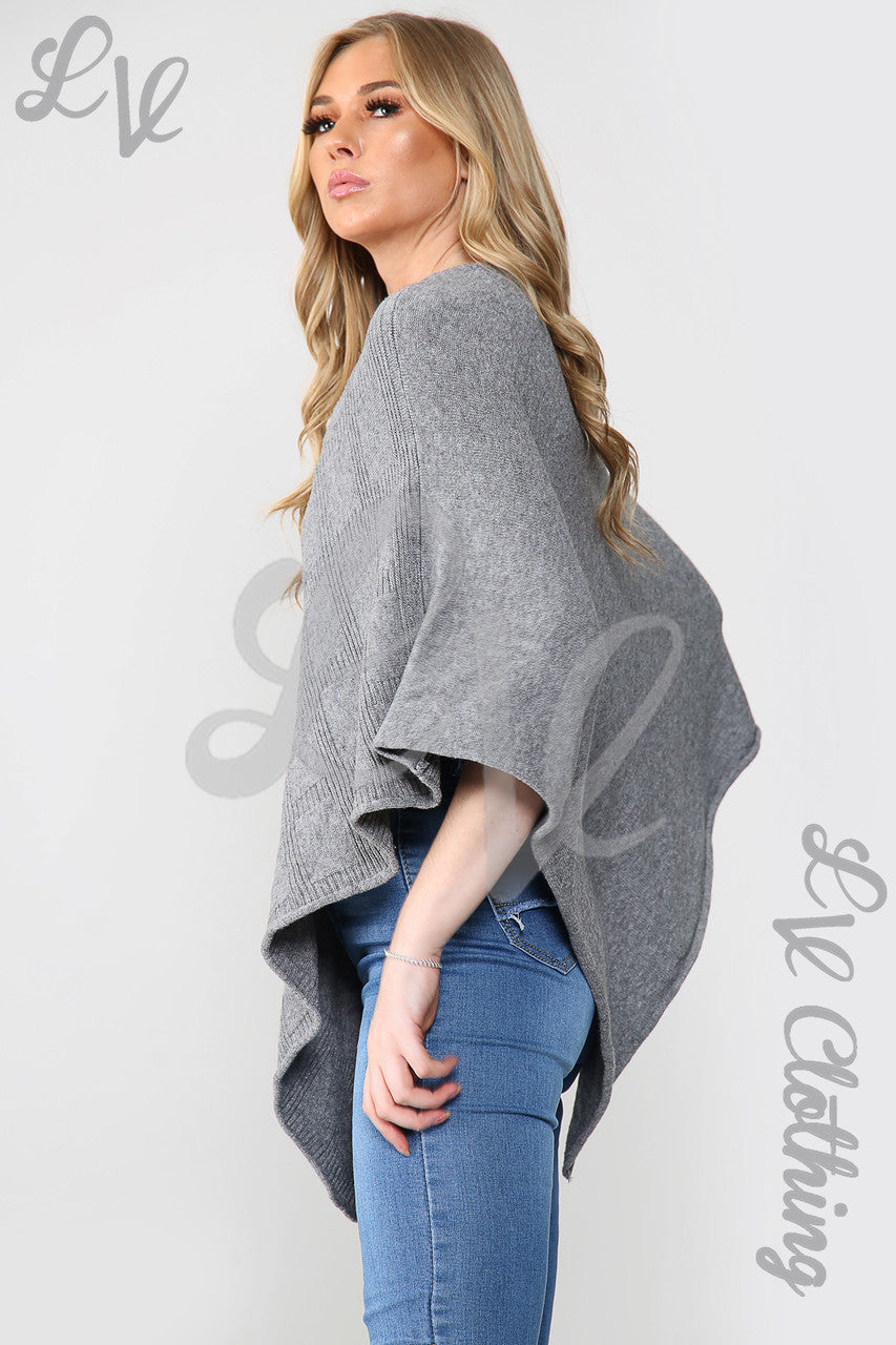 Ladies Diamond Imprint Knitted Poncho Cape Grey - Unit Price £10.99