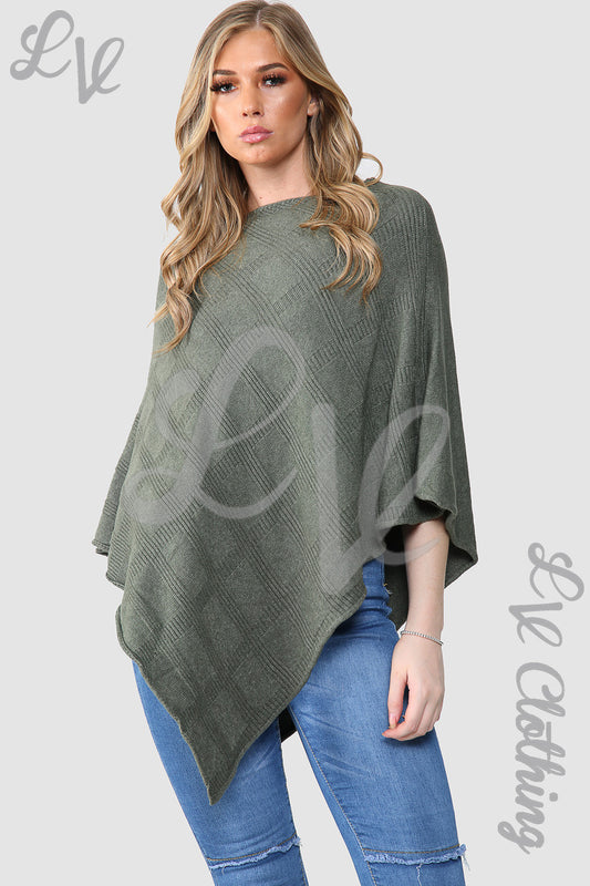 Ladies knitted poncho cape in dark khaki with diamond pattern, wide drape sleeves